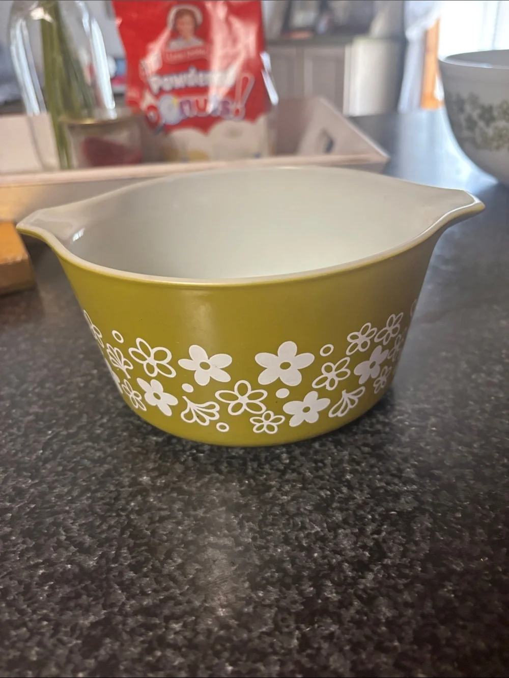 Pyrex Olive Green Floral Prep Bowl with White Flower Pattern